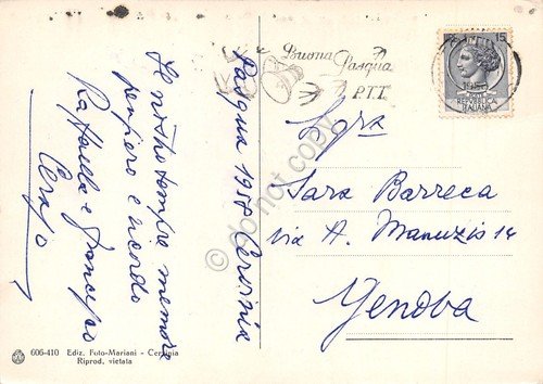 Cartolina Cervinia Breuil panorama parziale Timbro Buona Pasqua 1958