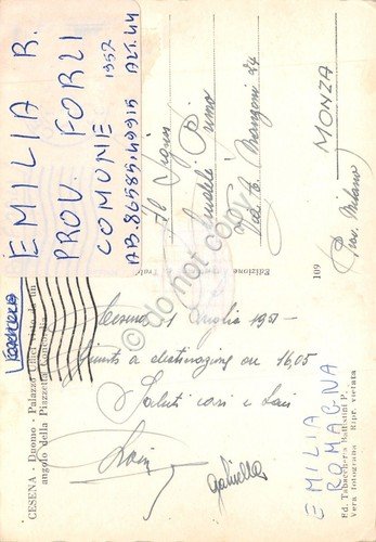 Cartolina Cesena Duomo Bar Centrale animata Palazzo degli uffici 1957