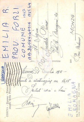 Cartolina Cesena Duomo Bar Centrale animata Palazzo degli uffici 1957