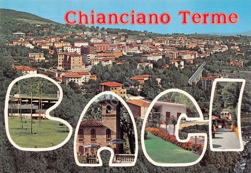 Cartolina Chianciano Terme grafica baci panorama vedute varie anni '80 | Immagine principale