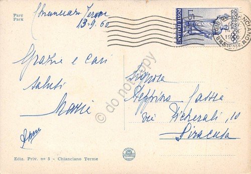 Cartolina Chianciano Terme Stabilimento Acqua Santa parco 1960 (Siena)