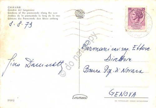 Cartolina Chiavari giardini del lungomare auto d'epoca 1973 (Genova)