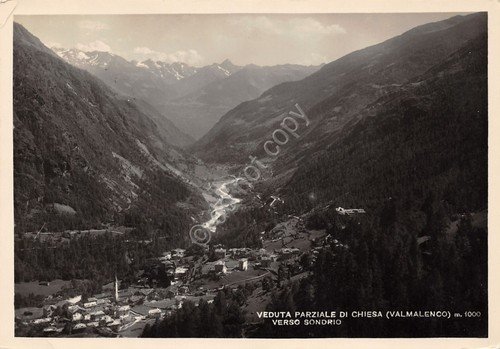 Cartolina Chiesa Valmalenco panorama verso Sondrio 1949 | Immagine principale