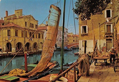 Cartolina Chioggia pescatori e reti