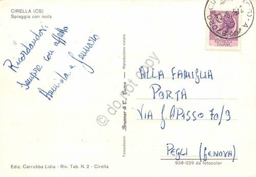 Cartolina Cirella Spiaggia con isola 1972 auto