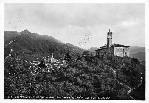 Cartolina Clusone Panorama e chiesa del Monte Crosio 1956