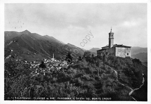 Cartolina Clusone Panorama e chiesa del Monte Crosio 1956 | Immagine principale
