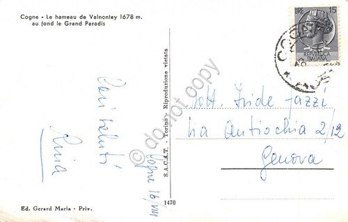 Cartolina Cogne Panorama con Gran San Paradiso macchiata (Aosta)