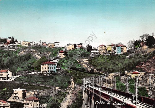 Cartolina Colle di Cesino panorama e ferrovia colorata
