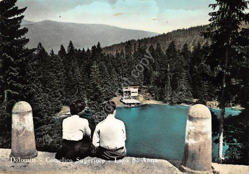 Cartolina Comelico Superiore Lago S. Anna animata colorata anni '50