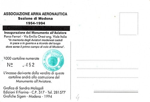 Cartolina commemora Associazione Arma Aeronautica Monumento Aviator Modena 1994