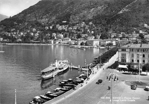 Cartolina Como Piazza Cavour Lungo Lario Trieste barca imbarcadero