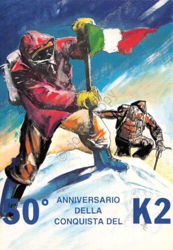 Cartolina Conquista del K2 50° Anniversario della conquista Illustrata Rosso