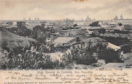 Cartolina Cordoba Argentina vista general 1904 Timbro Beltrami Casa Testoni