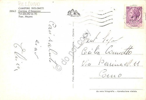 Cartolina Cortina Camping Dolomiti animata roulotte 1979 (Belluno)