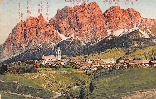 Cartolina Cortina d' Ampezzo panorama verso muraglia dolomitica illustrata | Immagine principale