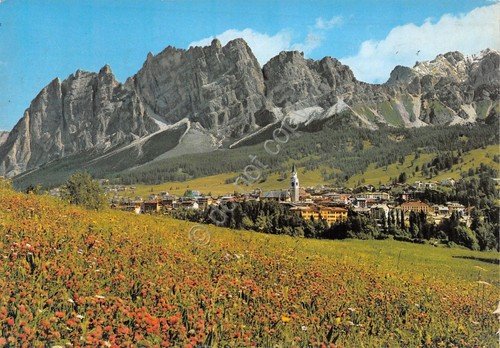 Cartolina Cortina panorama paese da prato anni '70
