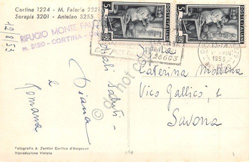 Cartolina Cortina panorama paese timbro Rifugio Monte Faloria 1953 | Immagine Gallery 2