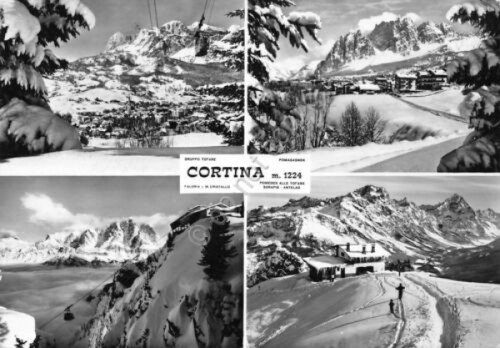 Cartolina Cortina vedute varie 1968 funivia sci sciatori | Immagine principale
