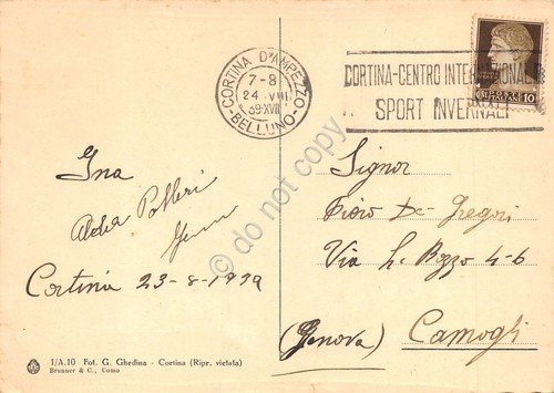 Cartolina Cortina verso Faloria Sorapis e Antelao 1939 Timbro targhetta …