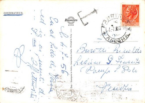 Cartolina Courmayeur albergo? animata 1956