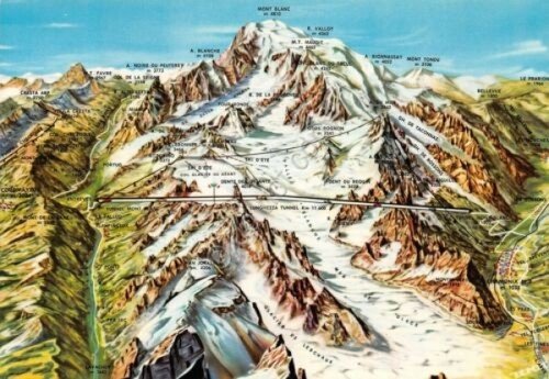 Cartolina Courmayeur Chamonix panoramica Massiccio Monte Bianco Funivia tunnel