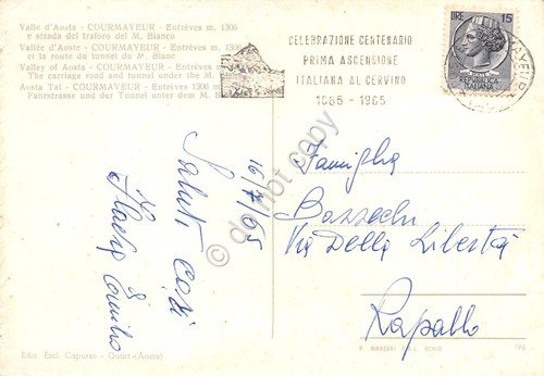 Cartolina Courmayeur Entreves strada Traforo M. Bianco Timbro Ascensione Cervino | Immagine Gallery 2