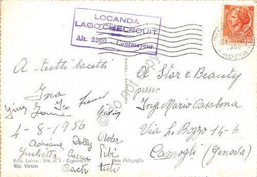 Cartolina Courmayeur Monte Bianco Cia sciatore Timbro Locanda Lago Checrouit … | Immagine Gallery 2