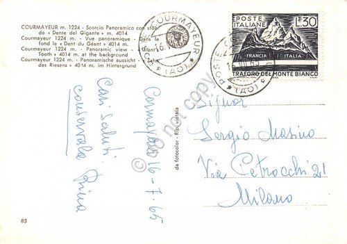 Cartolina Courmayeur Panorama e Dente del Gigante 1965 (Aosta) | Immagine Gallery 2