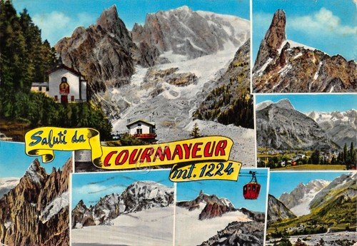 Cartolina Courmayeur vedute varie funivia Timbro Targhetta PT | Immagine principale