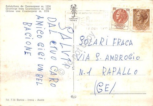 Cartolina Courmayeur vedute varie funivia Timbro Targhetta PT | Immagine Gallery 2