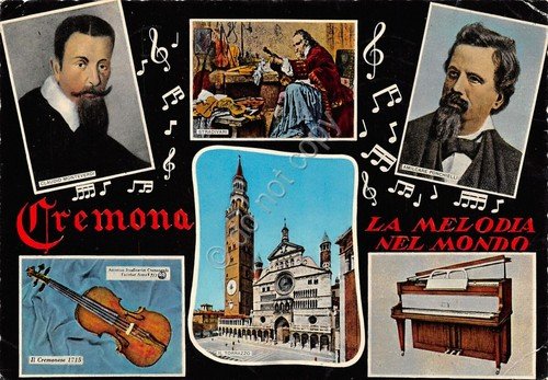 Cartolina Cremona 6 vedute strumenti musicali Monteverdi Stradivari Ponchielli