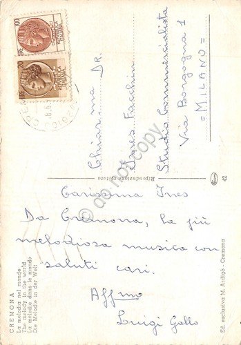 Cartolina Cremona 6 vedute strumenti musicali Monteverdi Stradivari Ponchielli