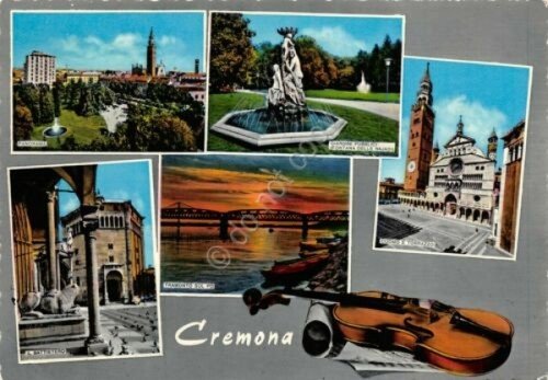Cartolina Cremona vedute e violino 1973