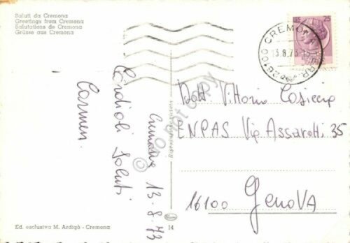 Cartolina Cremona vedute e violino 1973