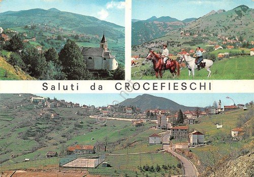 Cartolina Crocefieschi panorama cavalli via per la cittadina 1968