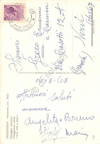 Cartolina Crocefieschi panorama cavalli via per la cittadina 1968