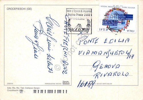 Cartolina Crocefieschi vedute paese timbro Trofeo Prada 2002