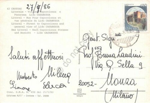 Cartolina Crotone Litorale Lido Casarossa 1986