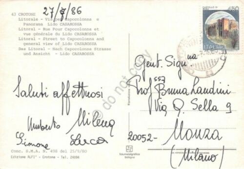 Cartolina Crotone Litorale Lido Casarossa 1986 | Immagine Gallery 2