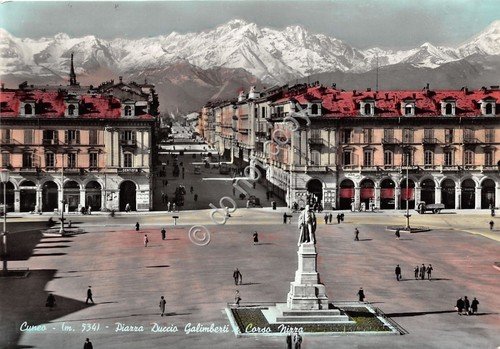Cartolina Cuneo Piazza Galimberti animata colorata 1959
