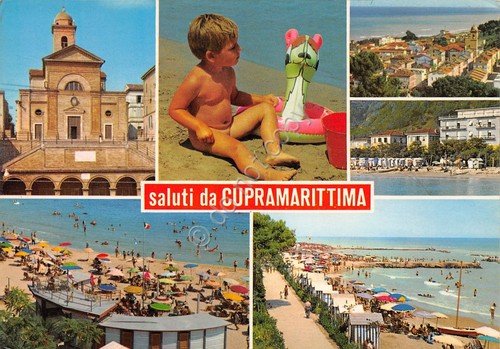Cartolina Cupramarittima vedute animata spiaggia 1986 (Ascoli Piceno)