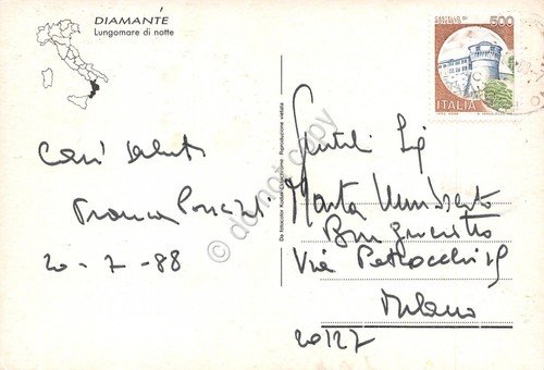 Cartolina Diamante lungomare di notte 1988