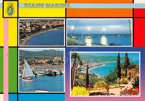 Cartolina Diano Marina vedute su riquadri colorati 1989 (Savona) | Immagine Gallery 1