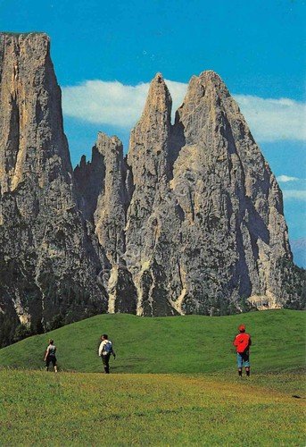 Cartolina Dolomiti Alpe di Siusi lo Scilar escursionisti animata anni …