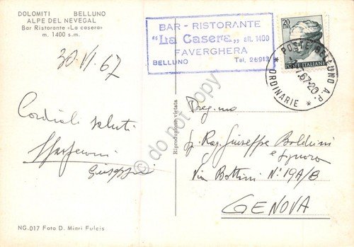 Cartolina Dolomiti Belluno Ristorante La Casera timbro ristorante 1967 skilift | Immagine Gallery 2