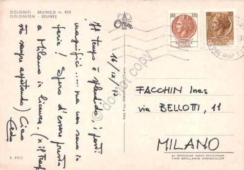 Cartolina Dolomiti Brunico via del paese 1977