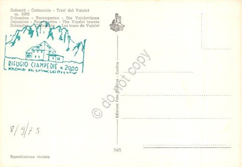 Cartolina Dolomiti Catinaccio Torri del Vajolet Timbro al retro 1975 | Immagine Gallery 2
