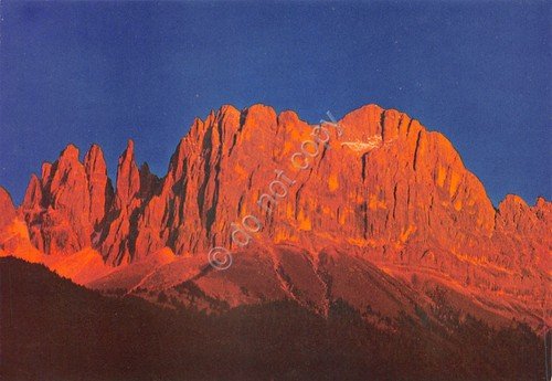 Cartolina Dolomiti Catinaccio vista montagna all'alba