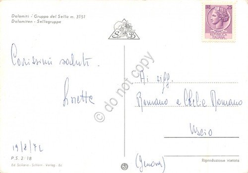 Cartolina Dolomiti Gruppo Sella baite mucche al pascolo 1973 (Trento)